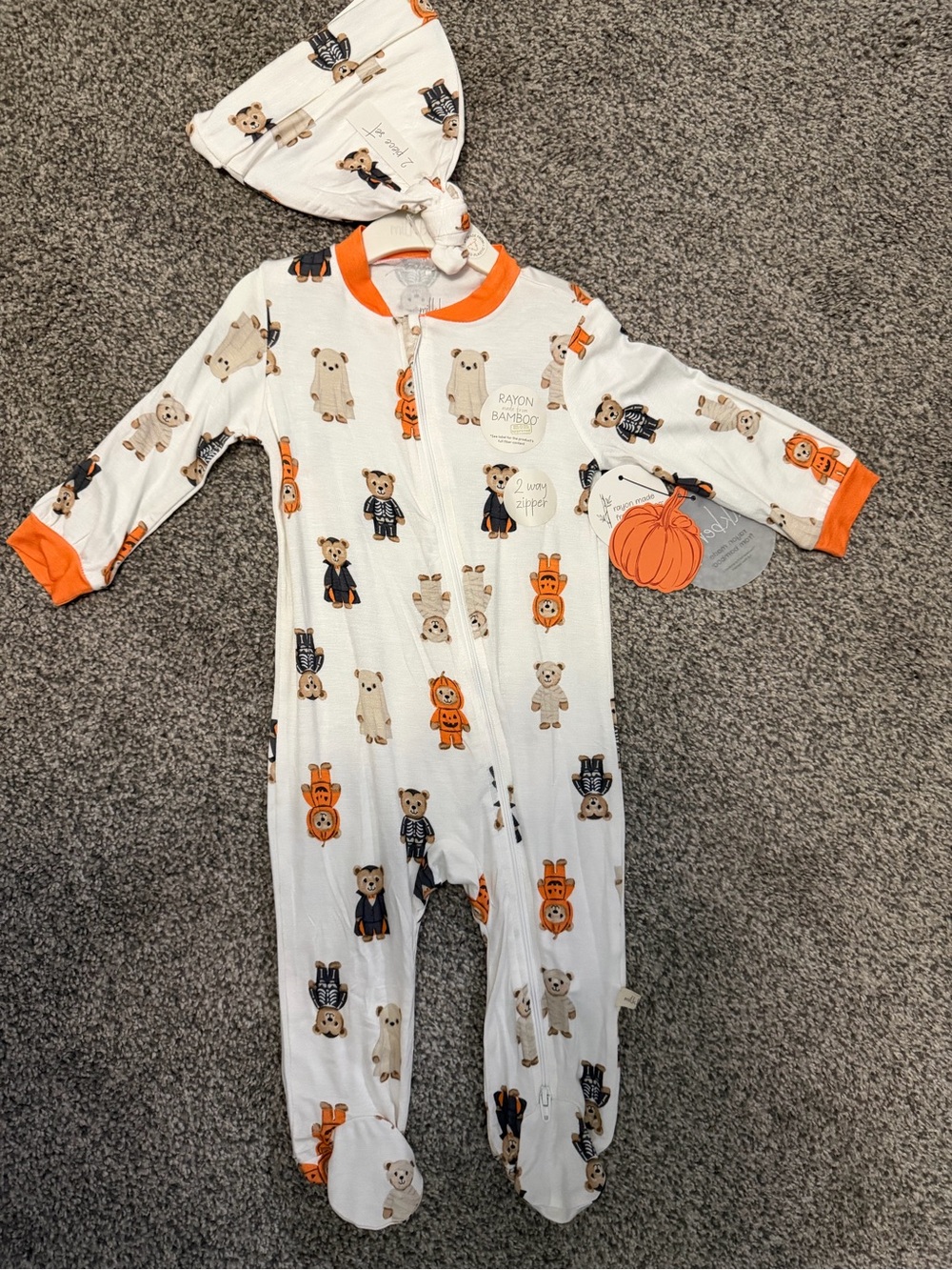 NWT Milkberry Halloween Teddy Bear Bamboo Sleeper & Hat Set 6-9M